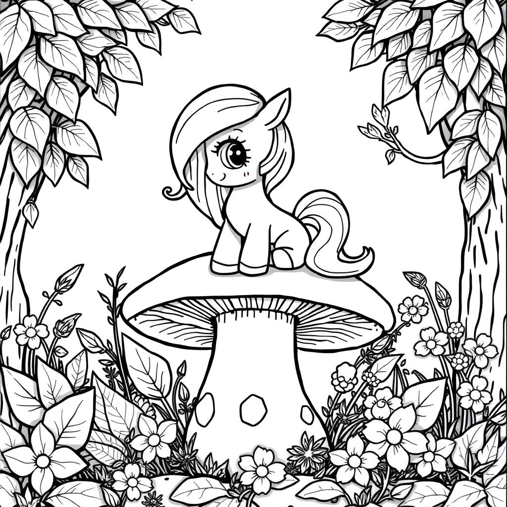 A whimsical black and white illustration of a cute pony sitting atop a large mushroom in a fantastical forest setting