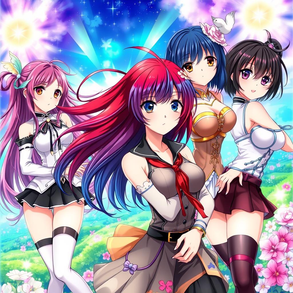 A collection of stunning anime women, each with unique features and vibrant hairstyles, dressed in stylish outfits that accentuate their beauty
