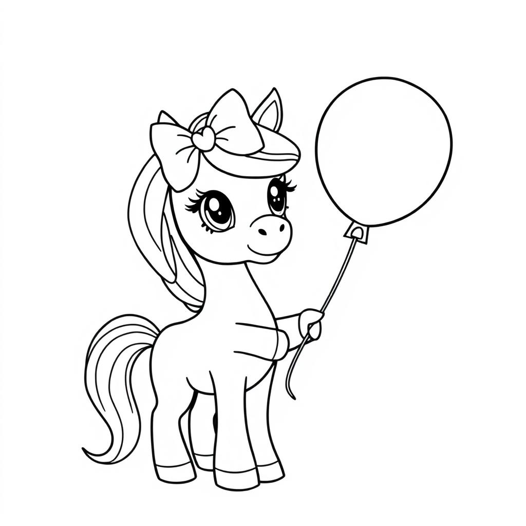A black and white line art illustration of a cute pony holding a colorful balloon