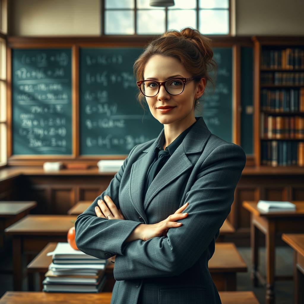 A stunning and detailed portrayal of a strict yet elegant teacher in a traditional classroom setting, wearing vintage glasses, with a focused expression as she stands in front of a chalkboard filled with mathematical equations