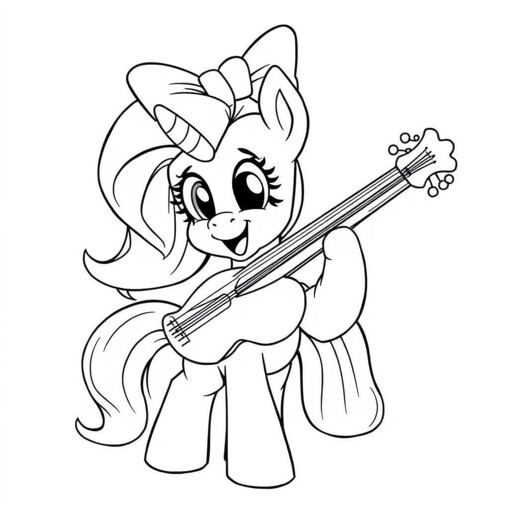 A black and white illustration of a cute pony playing a musical instrument, with a large bow on its head