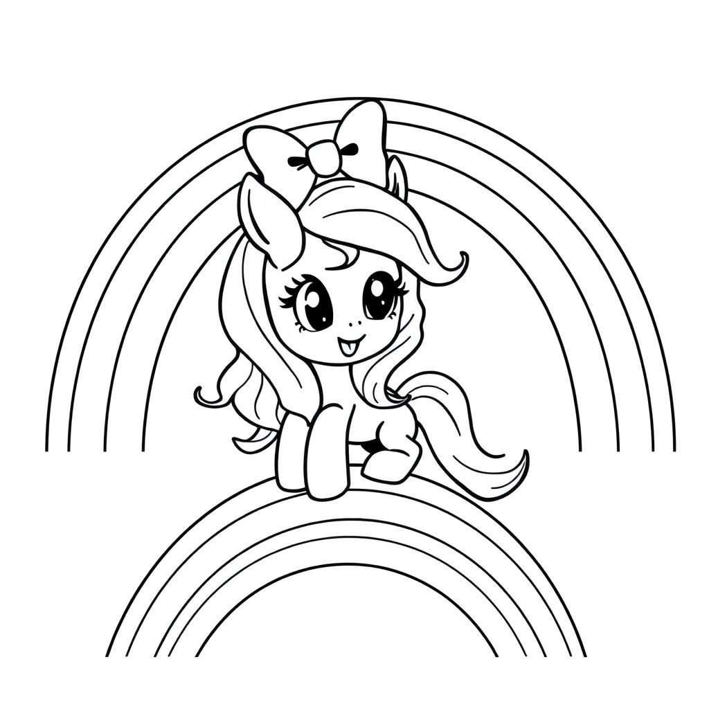 A black and white image of a cute pony on a rainbow, wearing a big bow on its head, designed for coloring