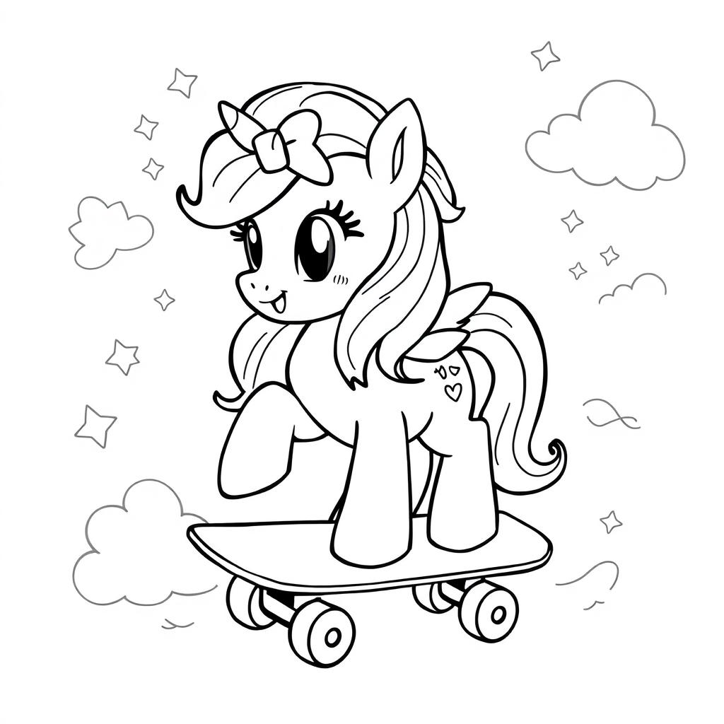 A cute pony on a skateboard wearing a bow on its head, in a black and white line art style suitable for coloring