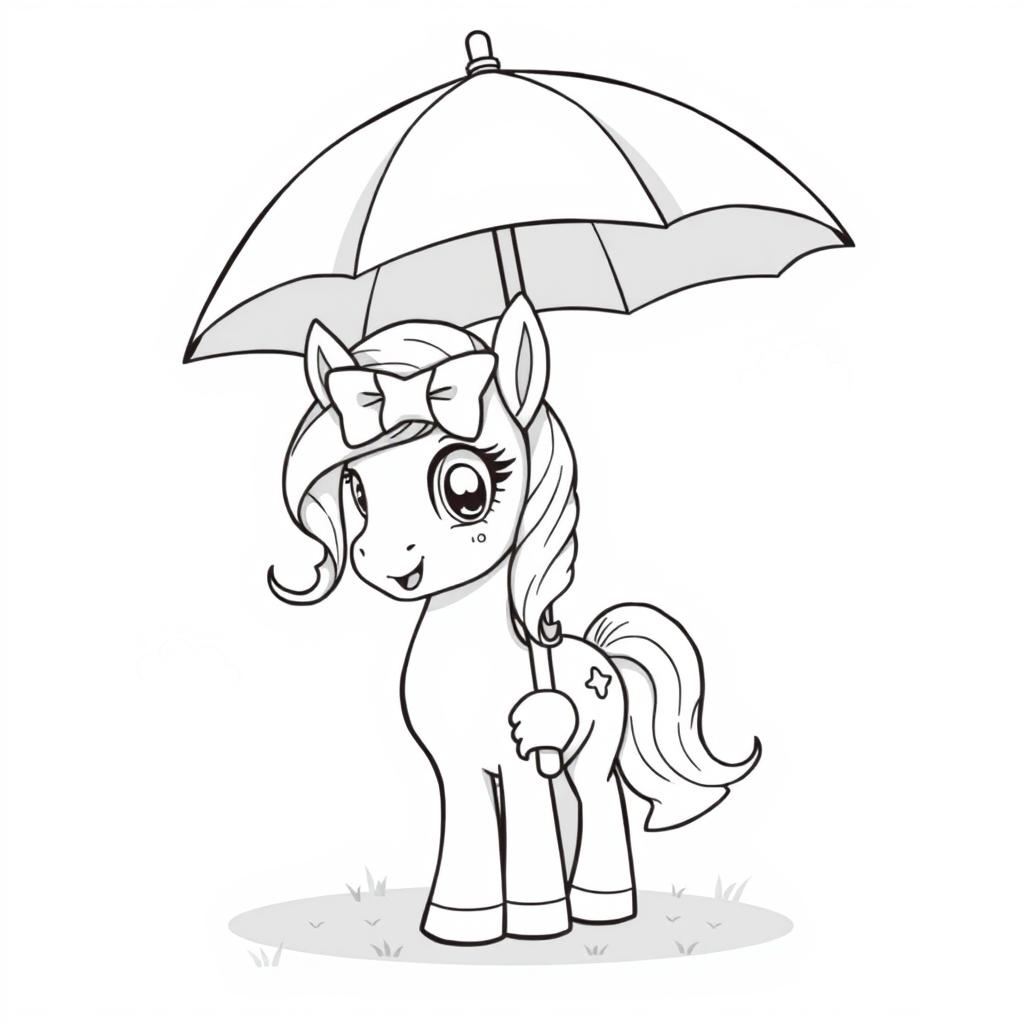 A black and white illustration of a cute pony standing under a large umbrella