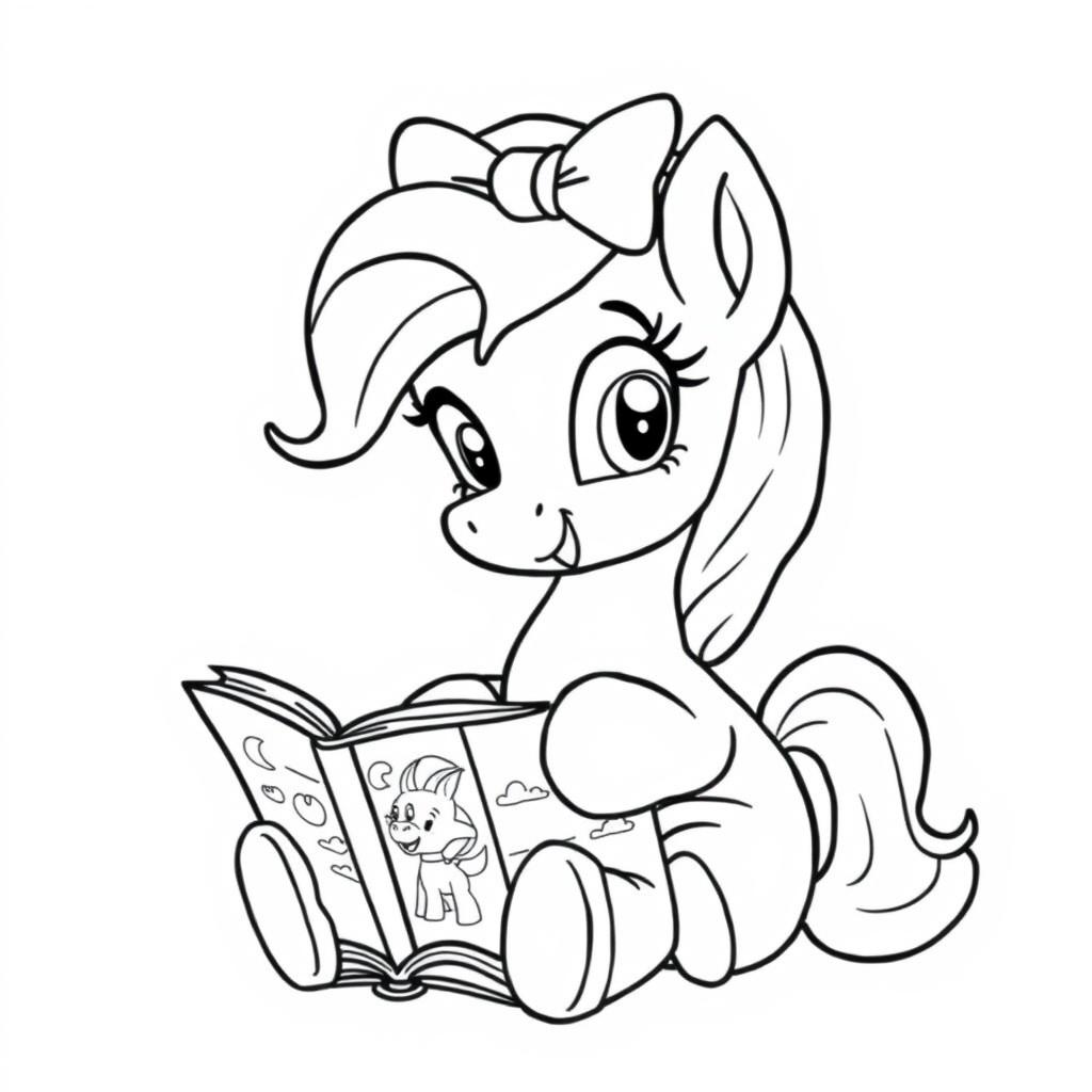 A cute pony with a bow on its head, sitting comfortably while reading a book