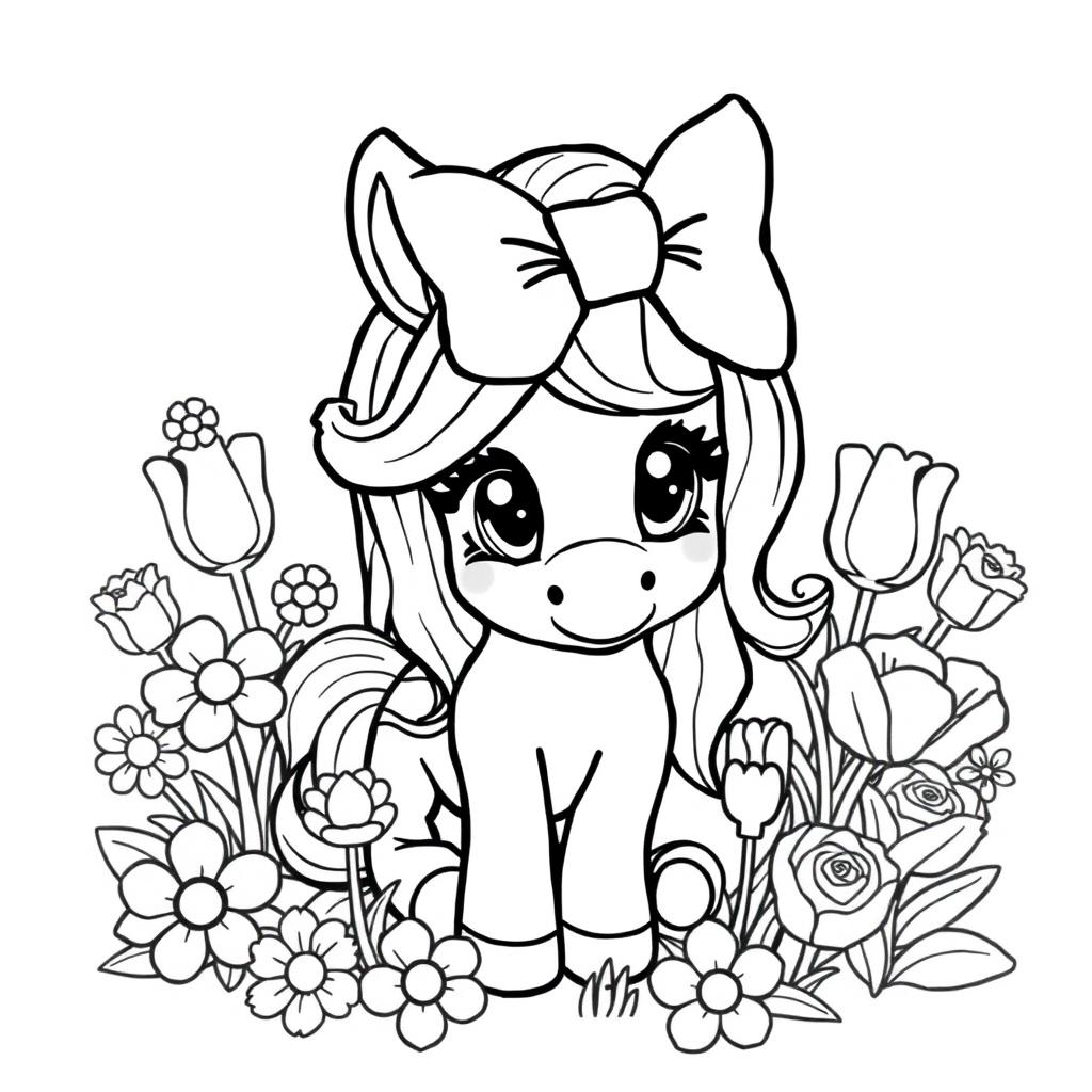 A black and white illustration of a cute pony adorned with a large bow on its head, surrounded by a variety of flowers