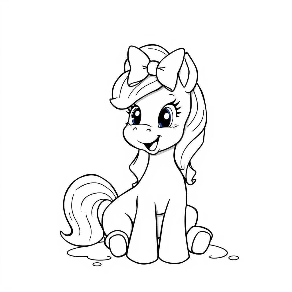 A cute pony with a joyful expression, wearing a big bow on its head