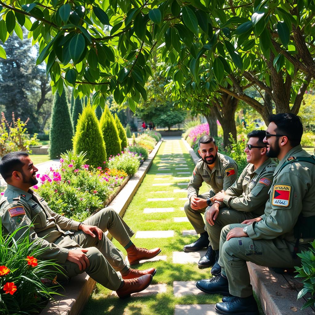 A group of Lebanese male soldiers relaxing and enjoying their time in a beautiful garden