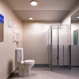 Image of a clean, well-lit public restroom with a white ceramic toilet, metallic stall dividers, and tiled floors.