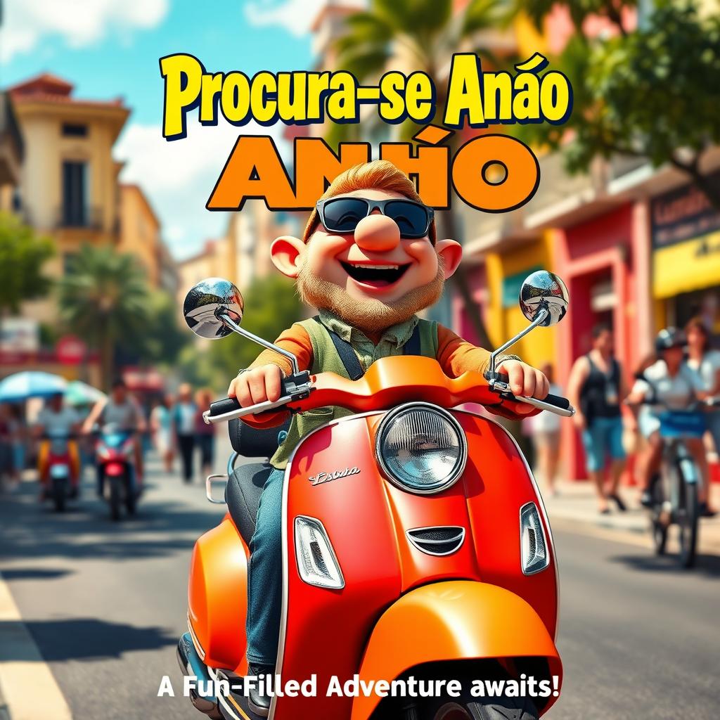 A vibrant and eye-catching movie poster for a fictional film titled 'Procura-se Anão'