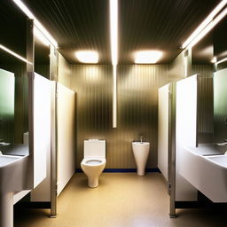 Image of a clean, well-lit public restroom with a white ceramic toilet, metallic stall dividers, and tiled floors.