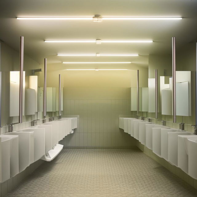 Image of a clean, well-lit public restroom with a white ceramic toilet, metallic stall dividers, and tiled floors.