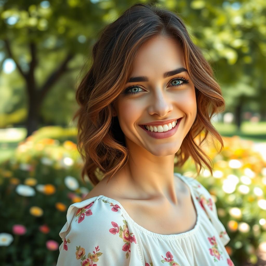 A close-up of a smiling woman with wavy brunette hair, bright blue eyes, and a radiant smile