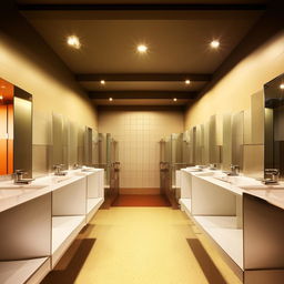 Image of a clean, well-lit public restroom with a white ceramic toilet, metallic stall dividers, and tiled floors.