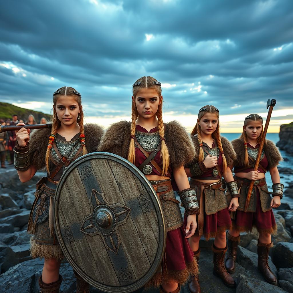 A group of fierce Viking girls dressed in traditional Viking attire, adorned with intricate Norse patterns and furs