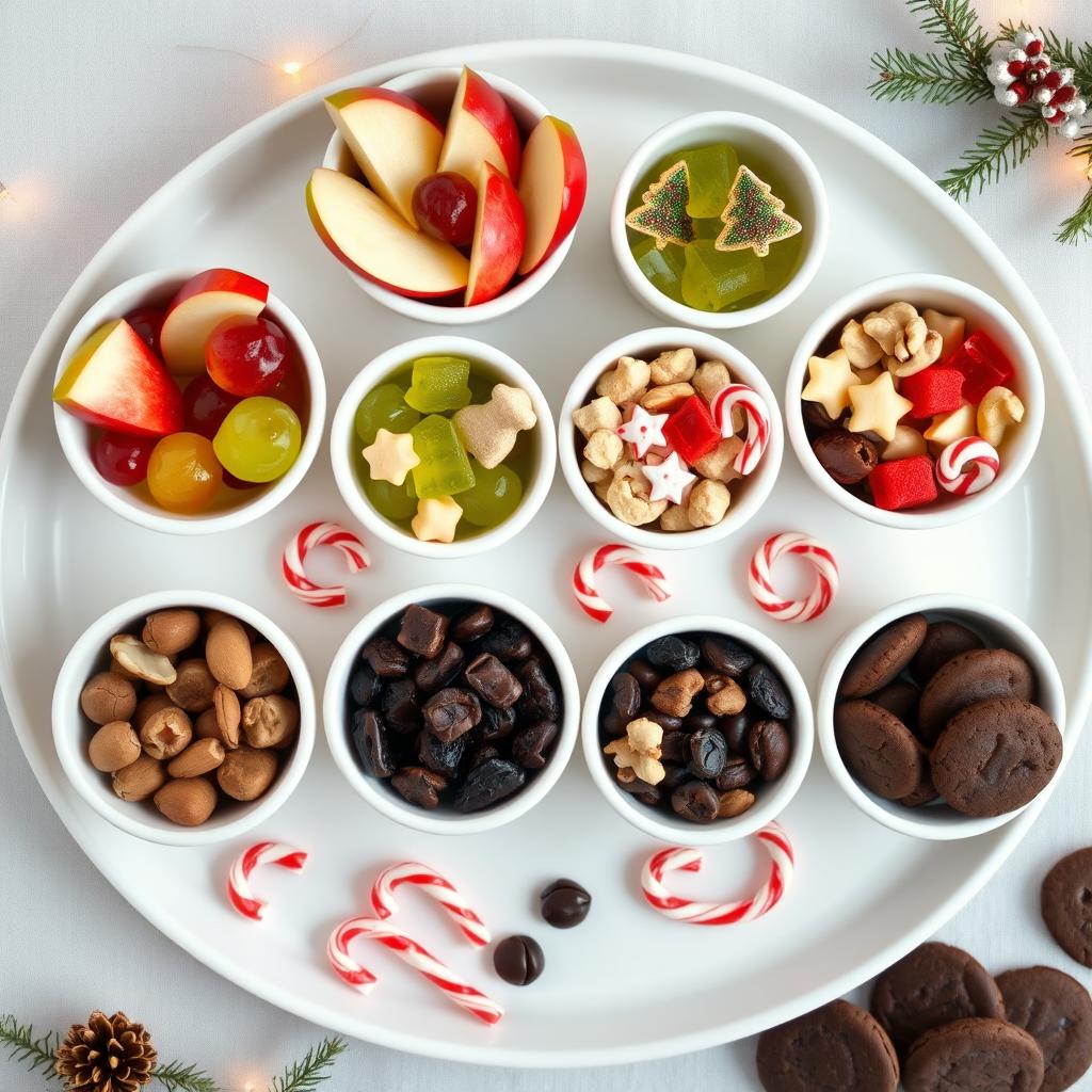 An elegant top-down view of a neatly arranged tray featuring eight round white ceramic cups