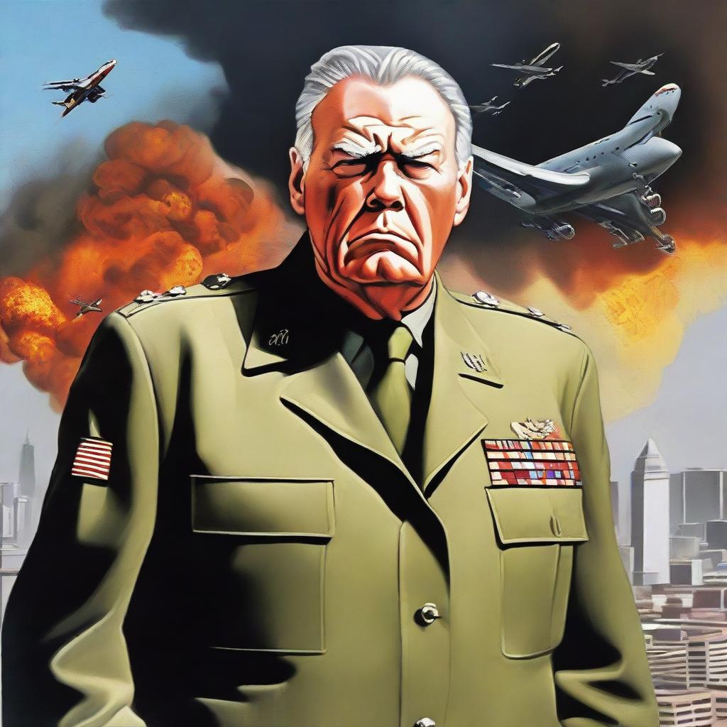 Update the general's expression to reflect a combination of fear and determination. The backdrop oozes grim chaos of a city under siege, reverberating with distant explosions and gunfire. His face exposes the psychological burden analogous to the weight of two Boeing 747s.