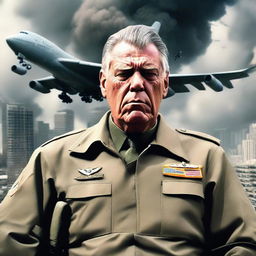 Update the general's expression to reflect a combination of fear and determination. The backdrop oozes grim chaos of a city under siege, reverberating with distant explosions and gunfire. His face exposes the psychological burden analogous to the weight of two Boeing 747s.