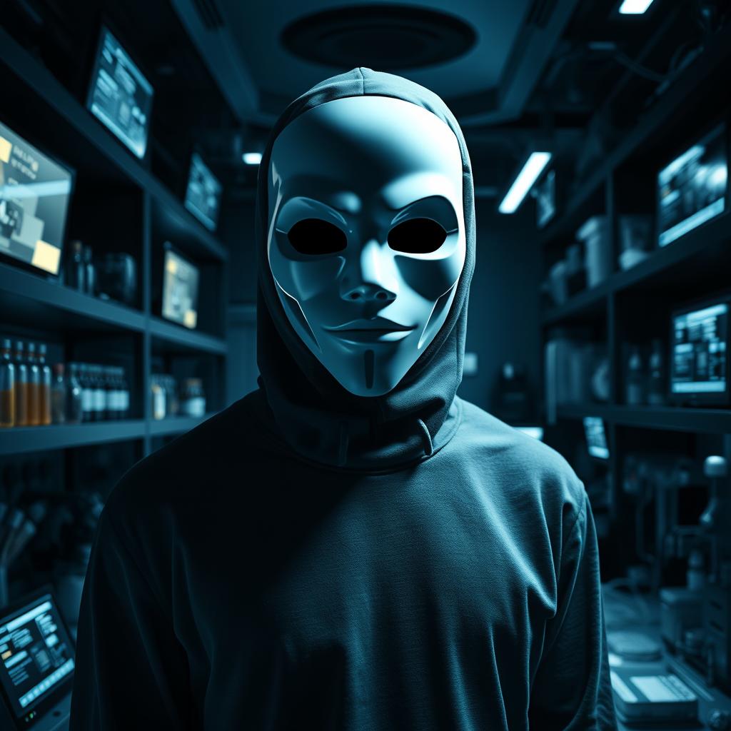 A mysterious figure wearing a white mask stands in a high-tech laboratory filled with advanced equipment and glowing screens