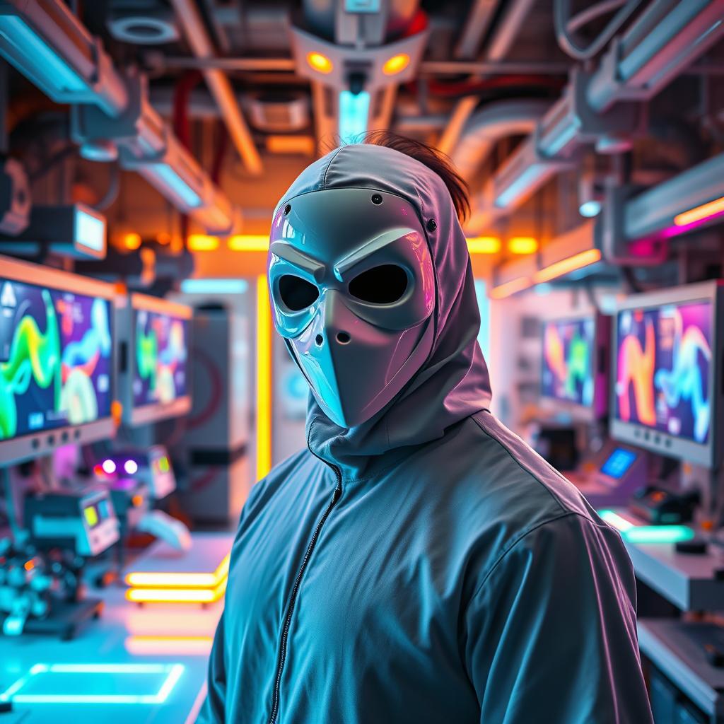 A striking figure wearing a white mask stands in a futuristic laboratory, inspired by the unique style of Zardonic