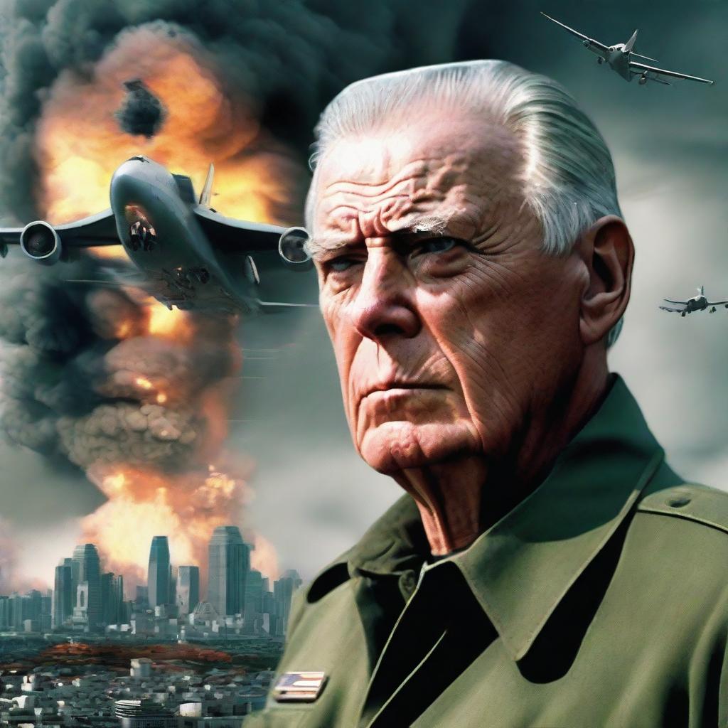 Update the general's expression to reflect a combination of fear and determination. The backdrop oozes grim chaos of a city under siege, reverberating with distant explosions and gunfire. His face exposes the psychological burden analogous to the weight of two Boeing 747s.