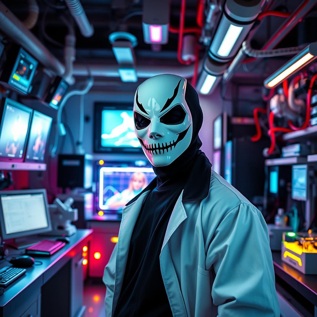 A striking figure wearing a black and white mask is set in a futuristic laboratory, inspired by the dynamic style of Zardonic