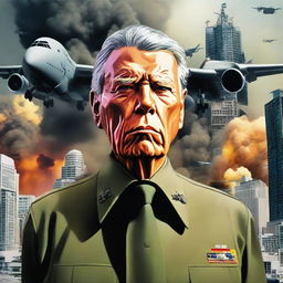 Update the general's expression to reflect a combination of fear and determination. The backdrop oozes grim chaos of a city under siege, reverberating with distant explosions and gunfire. His face exposes the psychological burden analogous to the weight of two Boeing 747s.