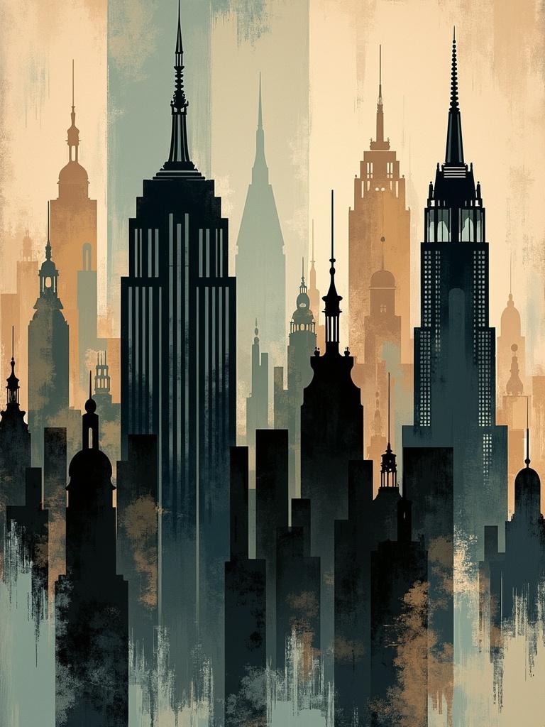 A captivating vintage artwork that incorporates numerous abstract silhouettes lying throughout the canvas, creating a dynamic and layered composition