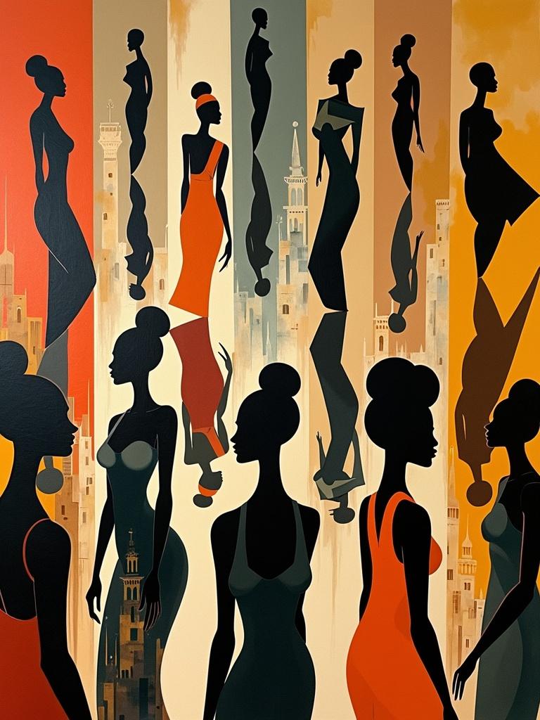 A breathtaking vintage artwork featuring numerous abstract African silhouettes lying across the canvas, creating a vibrant and dynamic scene