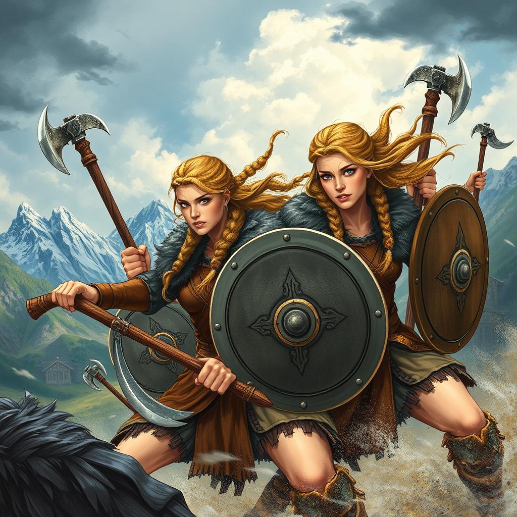 A dynamic illustration of Viking females in traditional attire, showcasing their strength and resilience