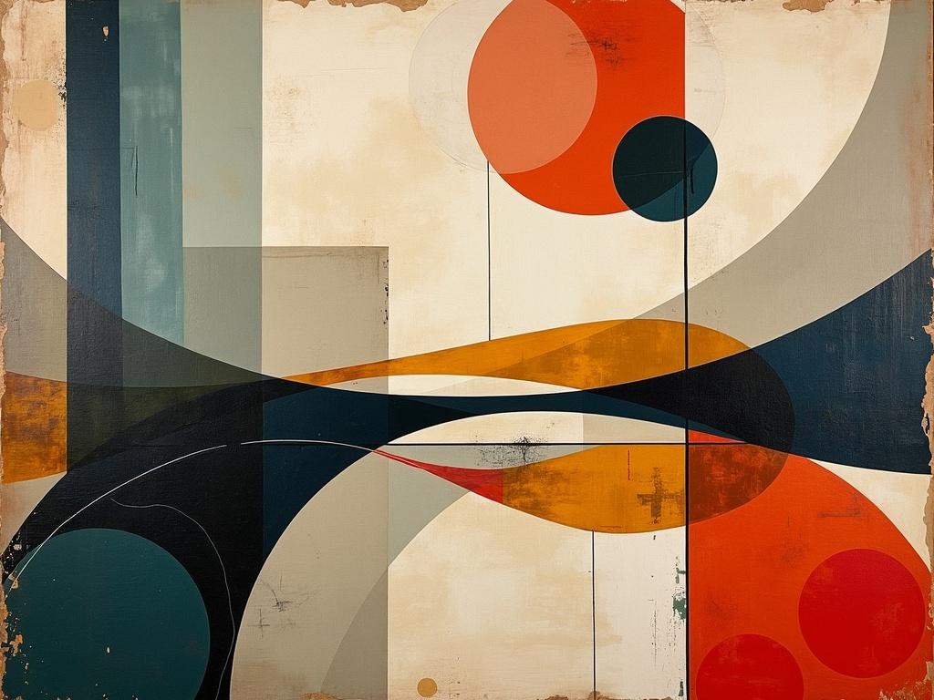 An enchanting vintage-style painting with a focus on abstract forms and compositions
