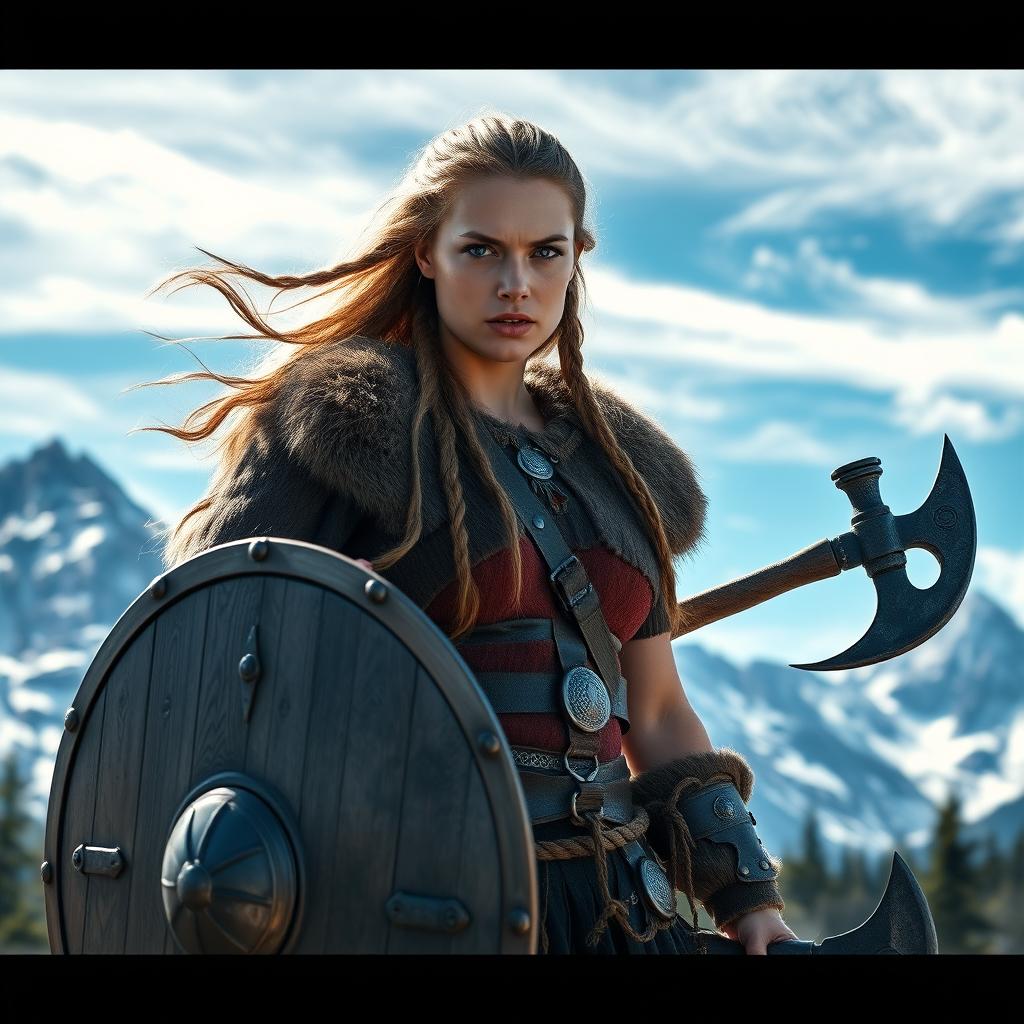 A fierce Viking woman, adorned with traditional armor and accessories, standing proudly with a shield in one hand and a battle axe in the other