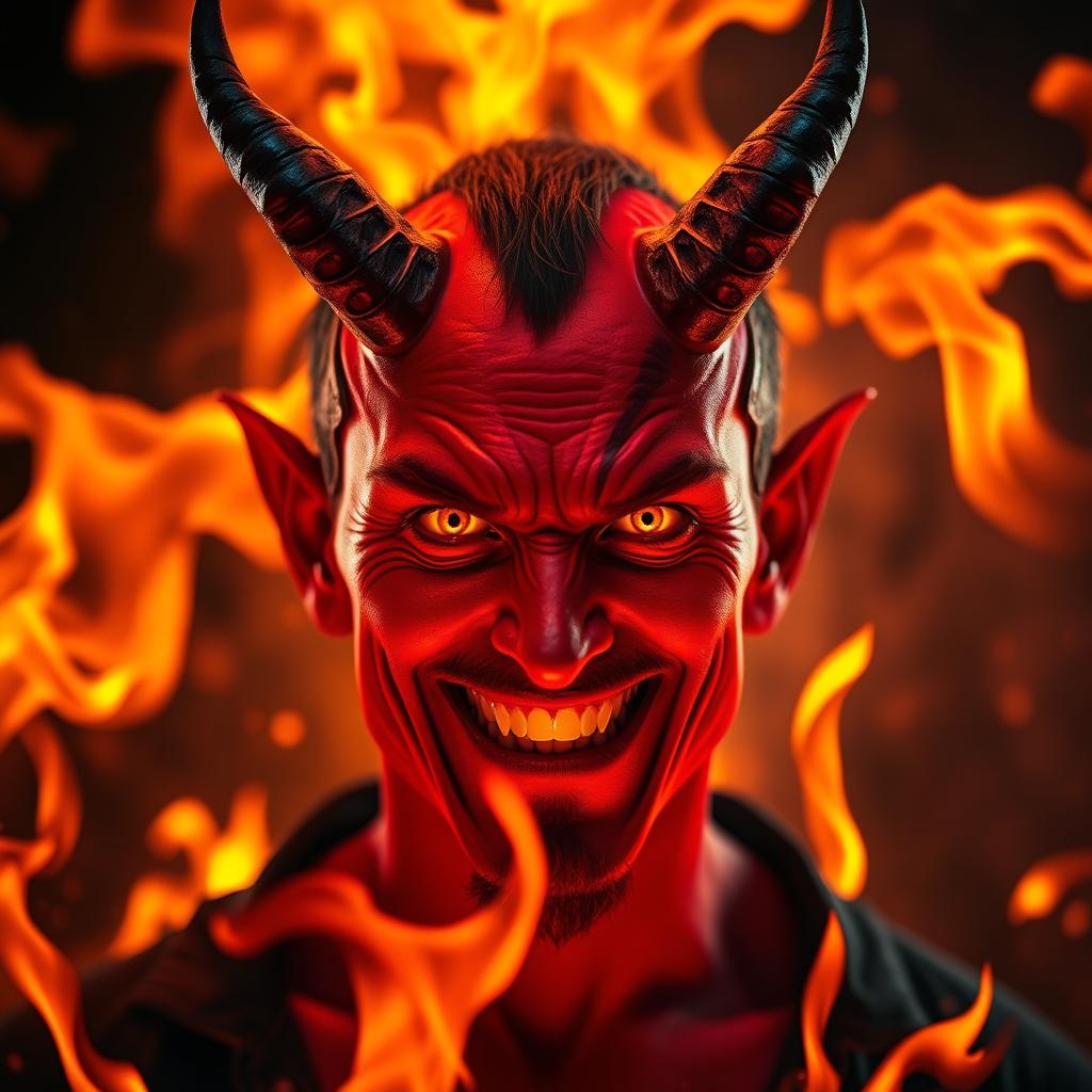 A striking portrait of a person transformed into a devilish figure with red skin, sharp horns protruding from the forehead, and glowing yellow eyes that radiate intensity
