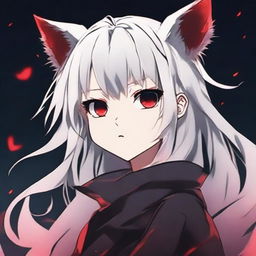 Anime style image in the theme of 'Jujutsu Kaisen'. A young girl with long white hair blowing in the wind, cat ears and tail. She has red glowing eyes, andale skin, glossy rosy lips. She is situated in a blurry dark room.