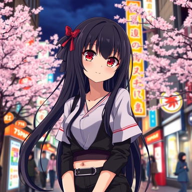 An anime girl with long, flowing black hair and striking red eyes, wearing a stylish outfit that blends contemporary fashion with traditional Japanese elements