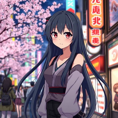 An anime girl with long, flowing black hair and striking red eyes, wearing a stylish outfit that blends contemporary fashion with traditional Japanese elements