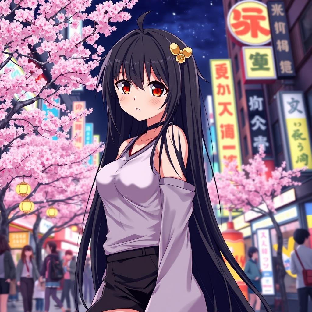 An anime girl with long, flowing black hair and striking red eyes, wearing a stylish outfit that blends contemporary fashion with traditional Japanese elements