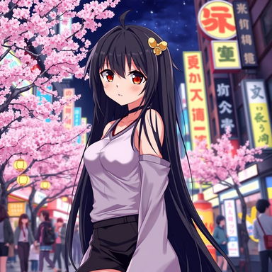 An anime girl with long, flowing black hair and striking red eyes, wearing a stylish outfit that blends contemporary fashion with traditional Japanese elements