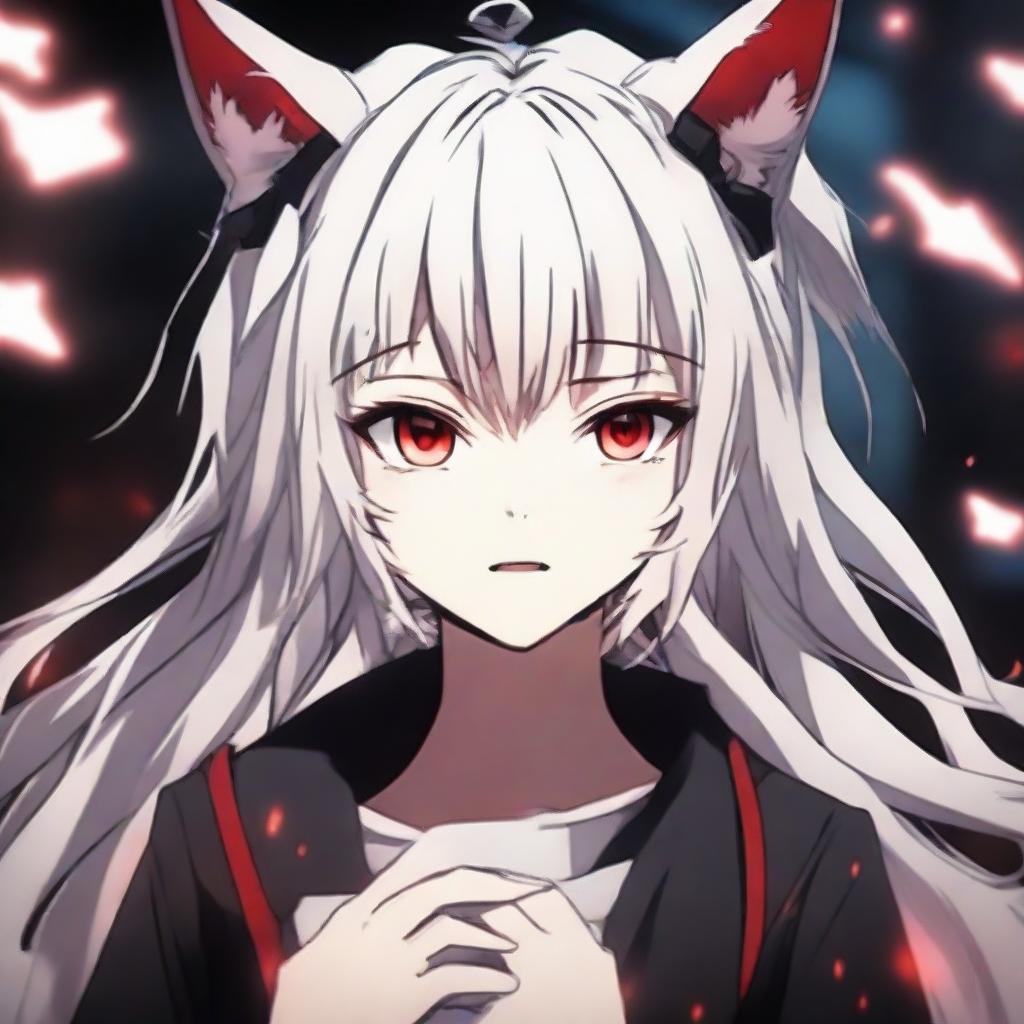 Anime style image in the theme of 'Jujutsu Kaisen'. A young girl with long white hair blowing in the wind, cat ears and tail. She has red glowing eyes, andale skin, glossy rosy lips. She is situated in a blurry dark room.