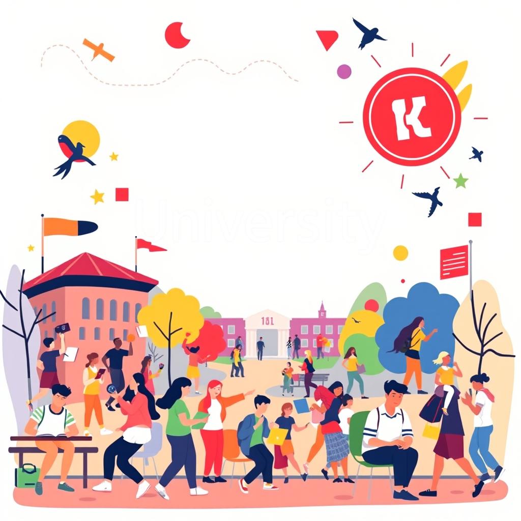A vibrant university poster design without any text, featuring a colorful and energetic campus scene