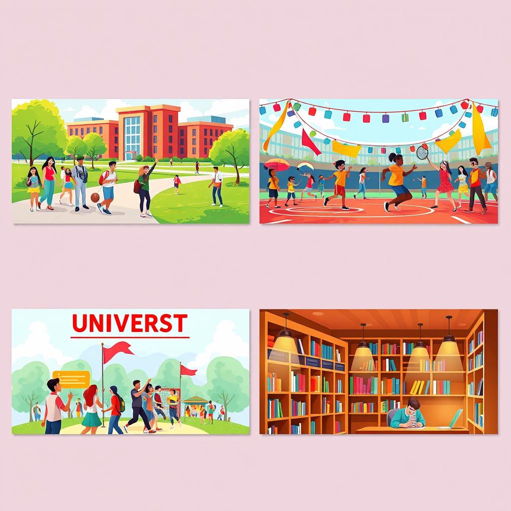 A series of vibrant university posters designed without any text, showcasing various themes that allow for custom text inputs
