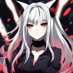 Anime style image in the theme of 'Jujutsu Kaisen'. A young girl with long white hair blowing in the wind, cat ears and tail. She has red glowing eyes, andale skin, glossy rosy lips. She is situated in a blurry dark room.