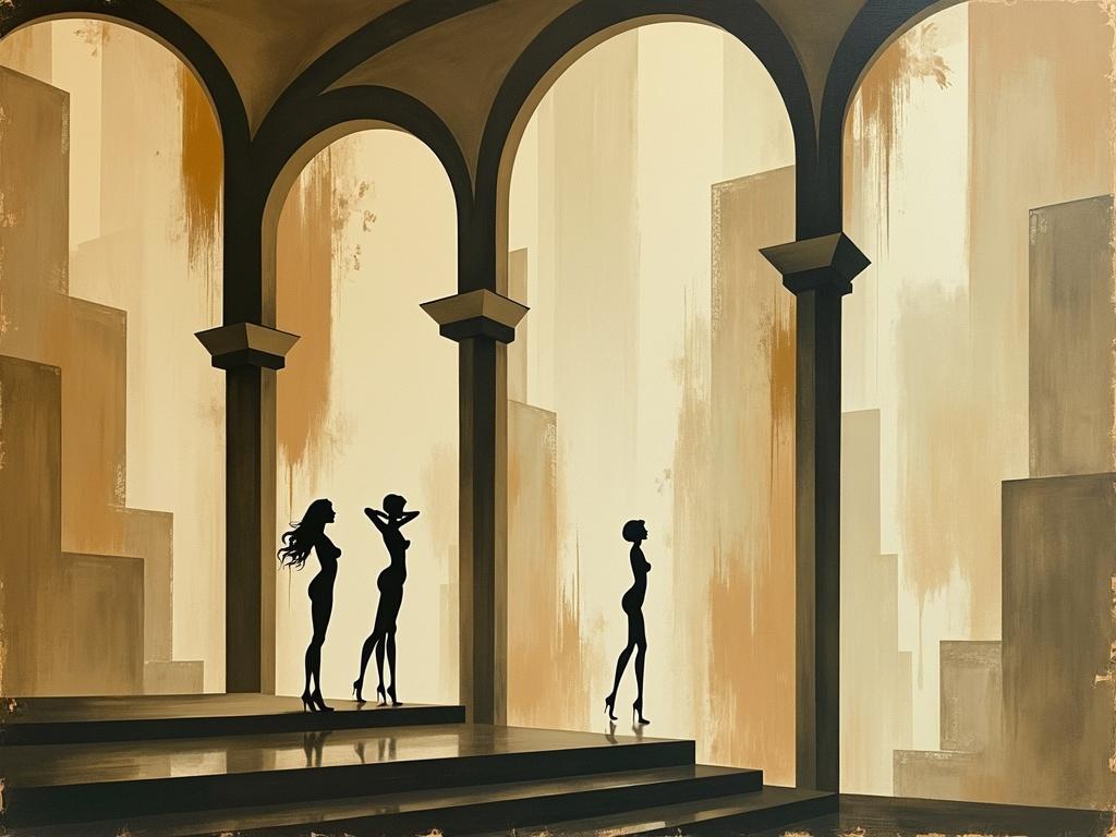 An enchanting vintage artwork featuring large brush strokes that create a dynamic background, with subtle and abstract silhouettes of body parts delicately integrated into the composition