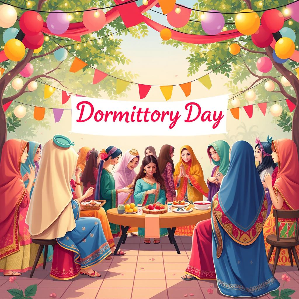 A beautiful poster for the Dormitory Day celebration, featuring a vibrant and festive atmosphere