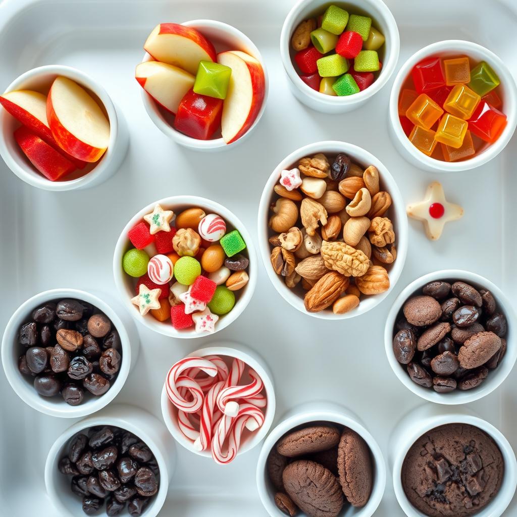 An elegant top-down view of a complete tray featuring eight round white ceramic cups