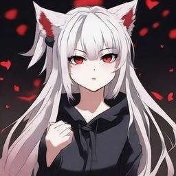 Anime style image in the theme of 'Jujutsu Kaisen'. A young girl with long white hair blowing in the wind, cat ears and tail. She has red glowing eyes, andale skin, glossy rosy lips. She is situated in a blurry dark room.