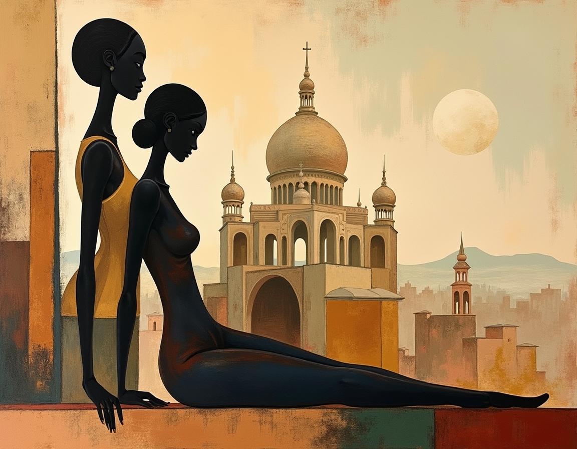 A stunning vintage artwork characterized by abstract African silhouettes lying gracefully across the canvas