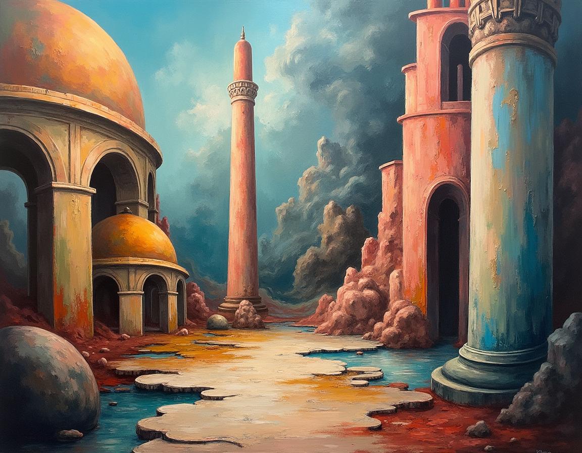 A stunning surrealist masterpiece featuring an abstract composition rich in classical architectural elements