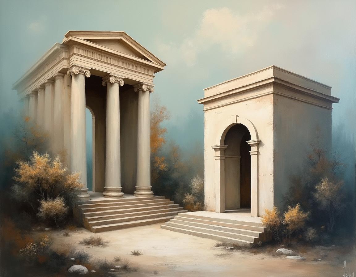 An abstract surrealist artwork combining classical architectural elements with an imaginative twist, featuring large brushstrokes that convey the texture and depth of an oil painting