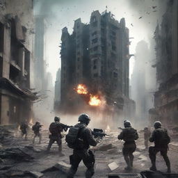 Update image to show soldiers with futuristic weapons engaged in firefights. Capture the scale of devastation; ruined buildings and debris strewn across the cityscape indicate a once-flourishing city now is a war-torn battleground.